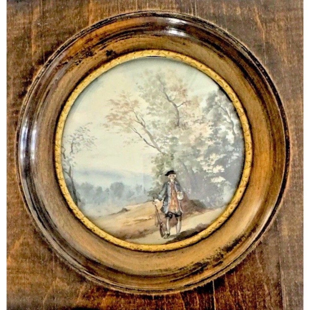 19th Century Mini Watercolor Painting Vintage‎ Landscape River Tree’s Man